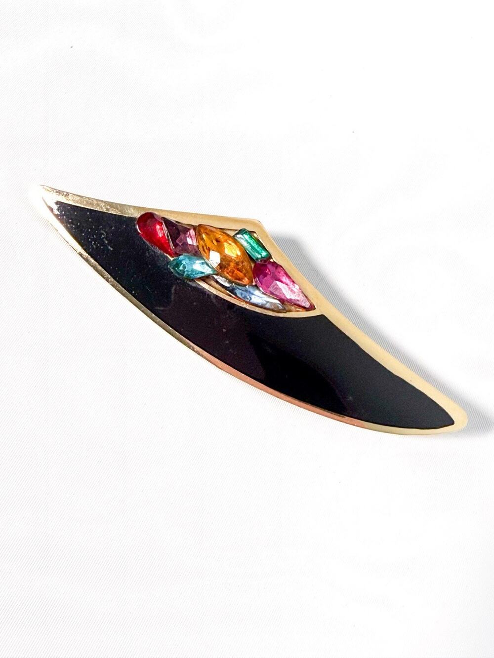 Signed Berebi Black Enamel Rhinestone Brooch Gold Tone Modernist Art Deco Pin